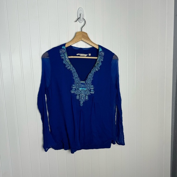 Soft Surroundings Top Medium Blue Beaded Sheer Chiffon Coastal Casual Women‎ - Picture 2 of 9